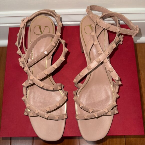 Valentino Garavani Beige Leather Rockstud Strappy Gladiator Sandals - Picture 6 of 15